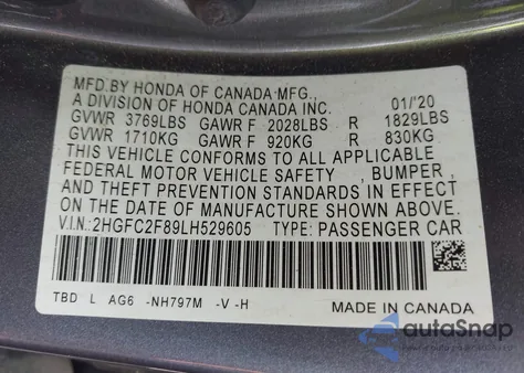 2020 Honda Civic Sport from USA, damaged, VIN 2HGFC2F89LH529605